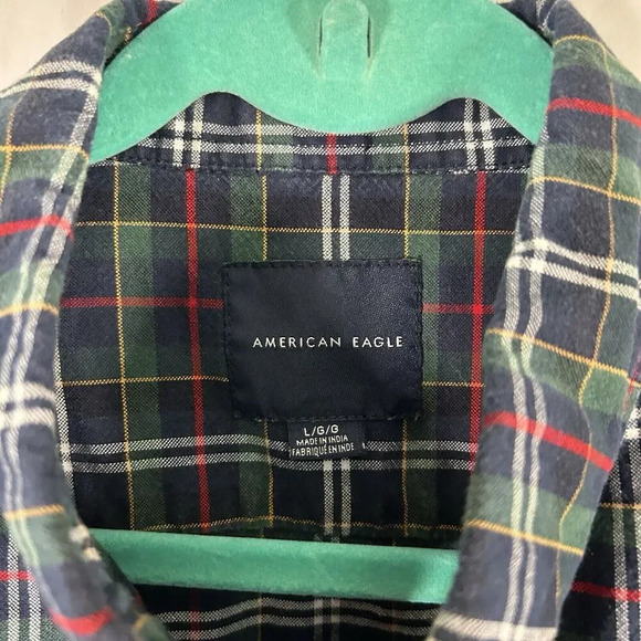 American Eagle Flannel Shirt Men's Large Green Blue Plaid Button Up Long Sleeve - Picture 4 of 8